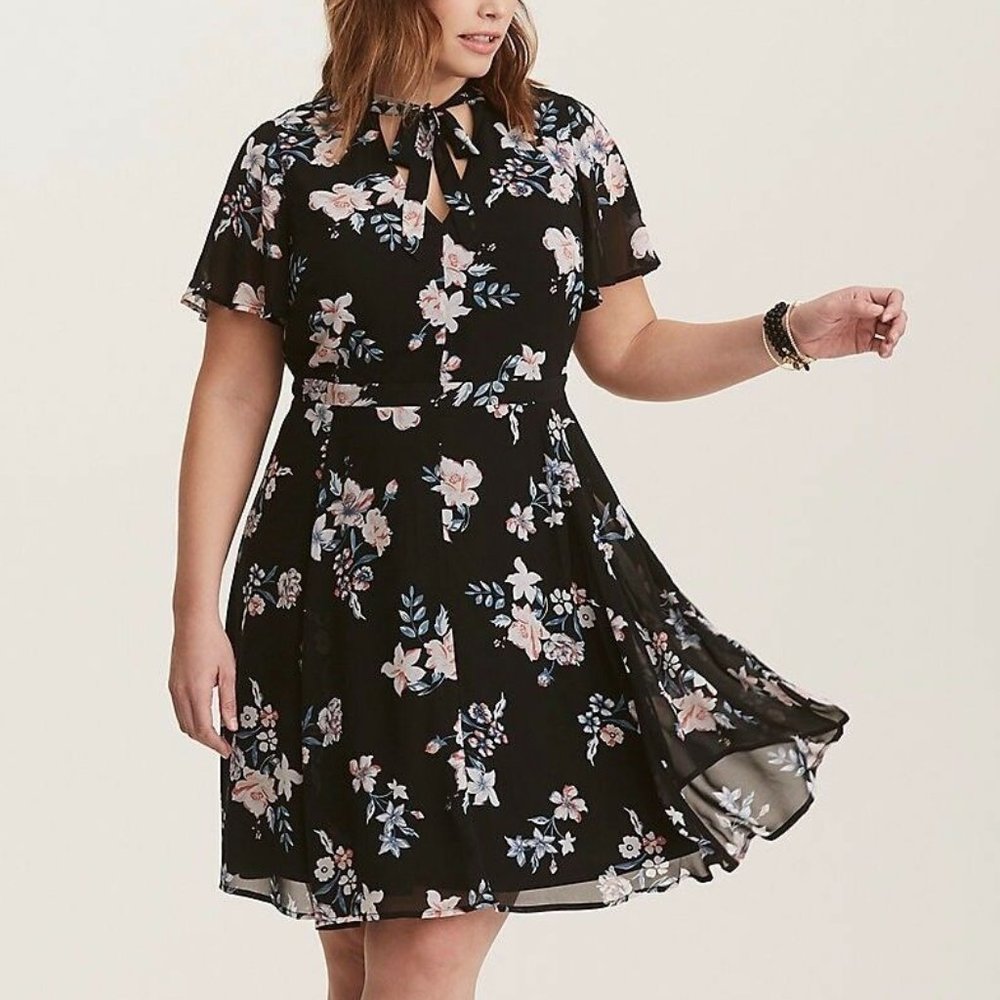 Torrid Black Floral Chiffon Dress with Neck Tie